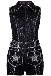Showtime Playsuit in Black Sequin