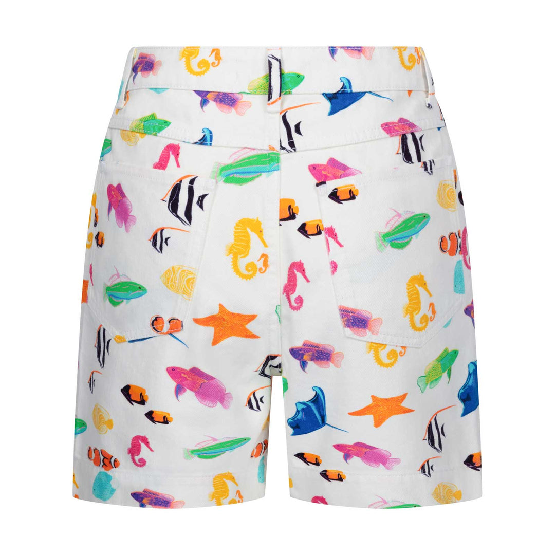 Easy Tiger Boyfriend High Waisted Shorts in Rainbow Fish Denim - Part of A set-White