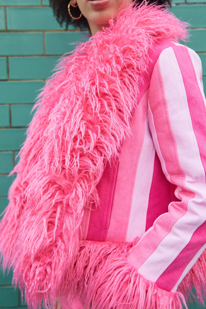 Almost Famous 70s Faux Fur Denim Coat - Pink - Easy Tiger